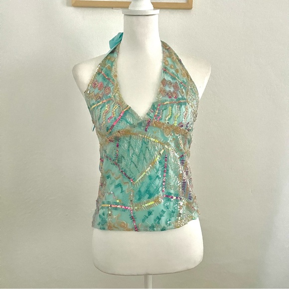 Y2k Ibiza Mermaid Sequin Halter Top - Turquoise - Picture 1 of 3